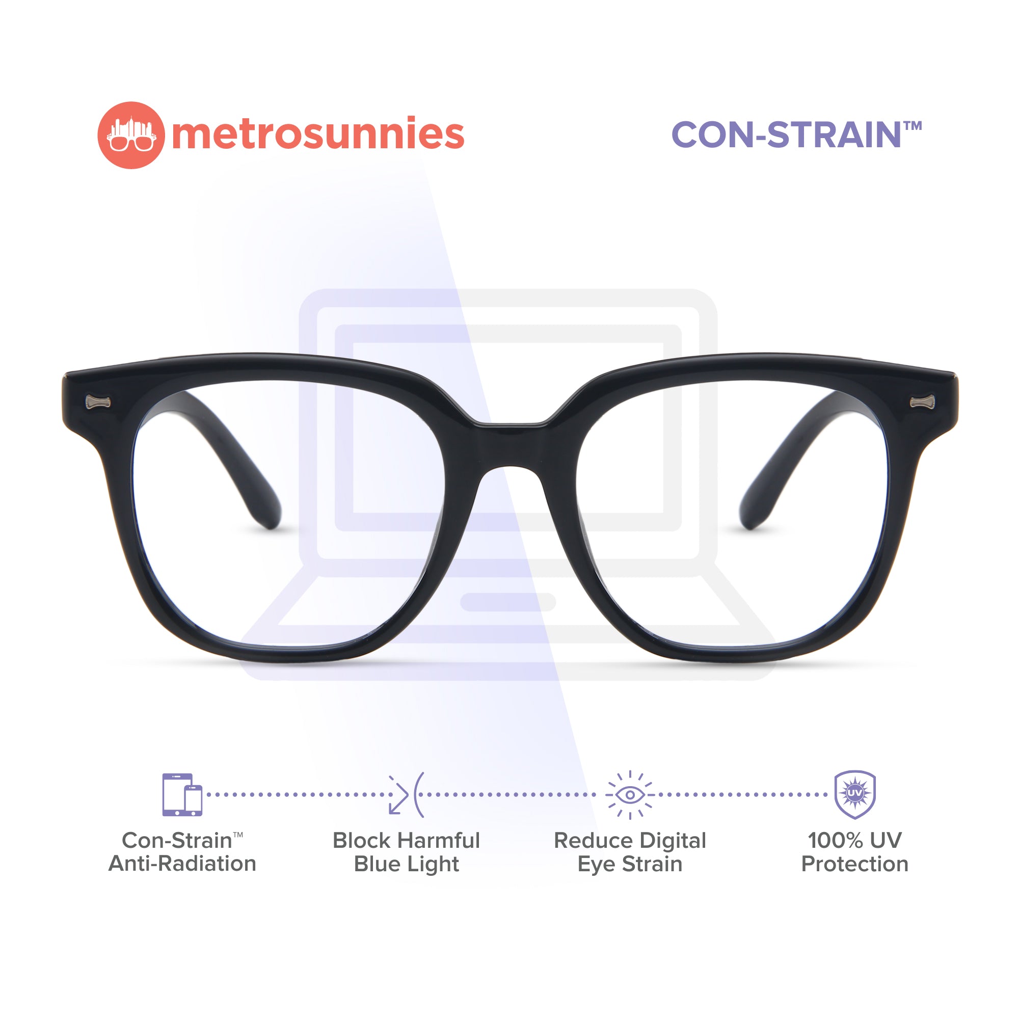 MetroSunnies Percey Specs (Black) Con-Strain Anti Radiation Eyeglasses Women Men Blue Light Eyewear