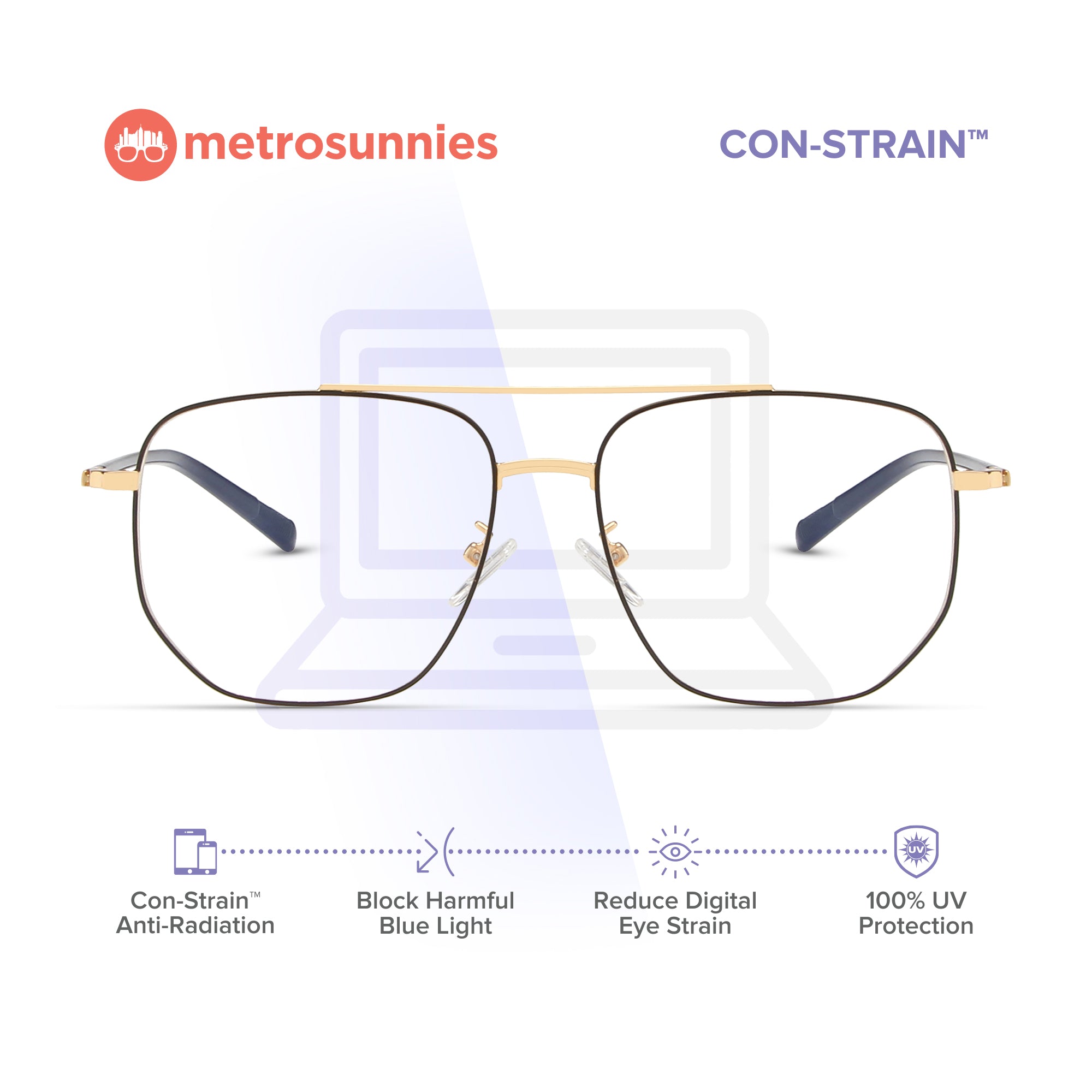 MetroSunnies Felix Specs (Black Gold) / Con-Strain Blue Light / Anti-Radiation Computer Eyeglasses