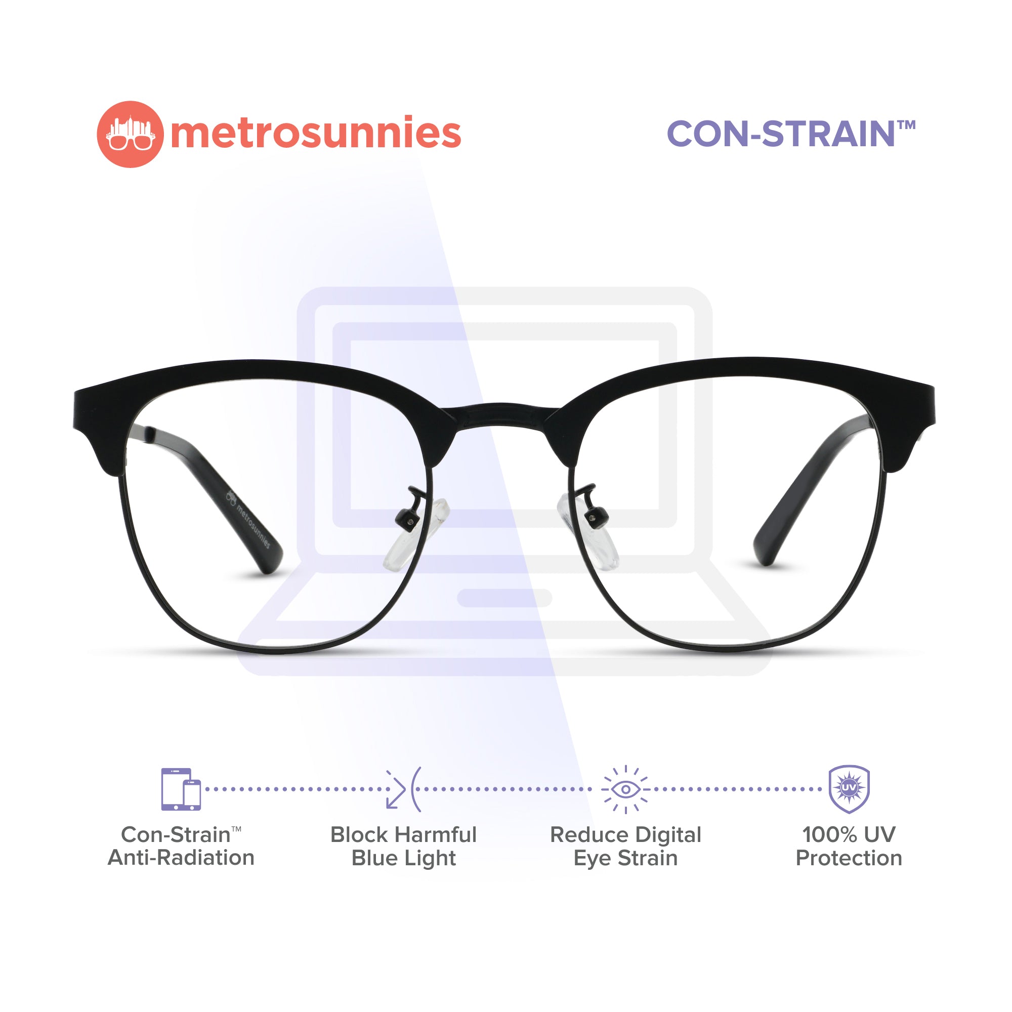 MetroSunnies King Specs (Black) / Con-Strain Blue Light / Anti-Radiation Computer Eyeglasses